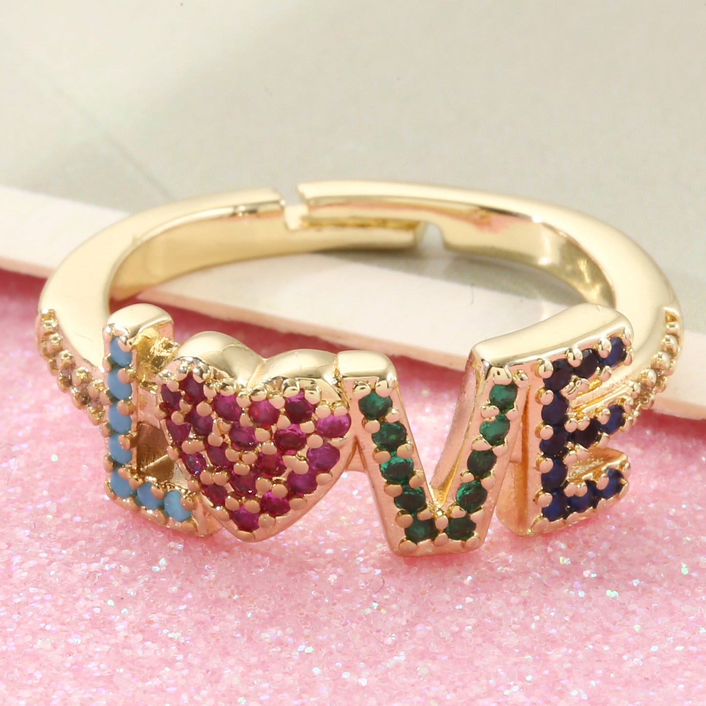 Womens Adjustable Copper Ring With Diamond Cut Gold Plated Inlaid Artificial Gems Individually Packed Jewelry