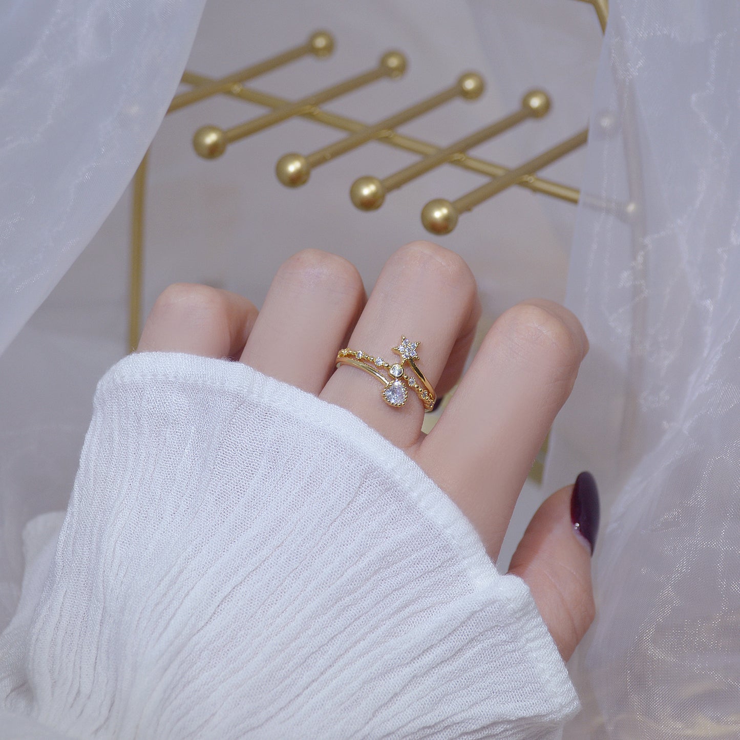 Gold Plated Heart Shaped Ring With Gem Inlay And Diamond Accent Open Ring For Birthday Gift For Her Dream Gift