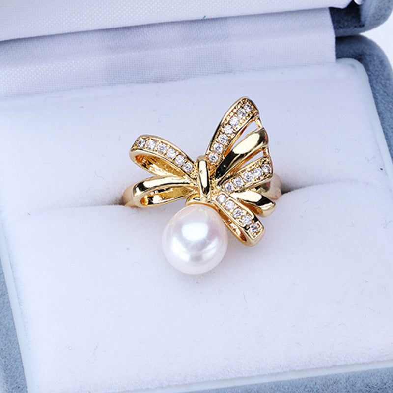 Dailan Jewelry Light Luxury Bowknot Freshwater Pearl Ring Female Opening Adjustable Rice-Shaped Pearl Ring Female Spot