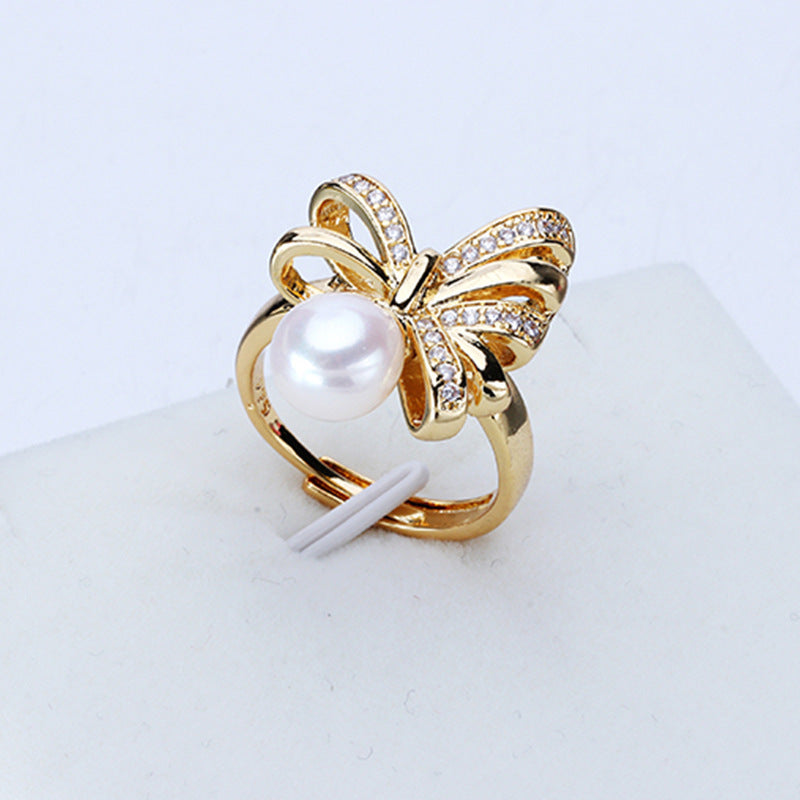 Dailan Jewelry Light Luxury Bowknot Freshwater Pearl Ring Female Opening Adjustable Rice-Shaped Pearl Ring Female Spot