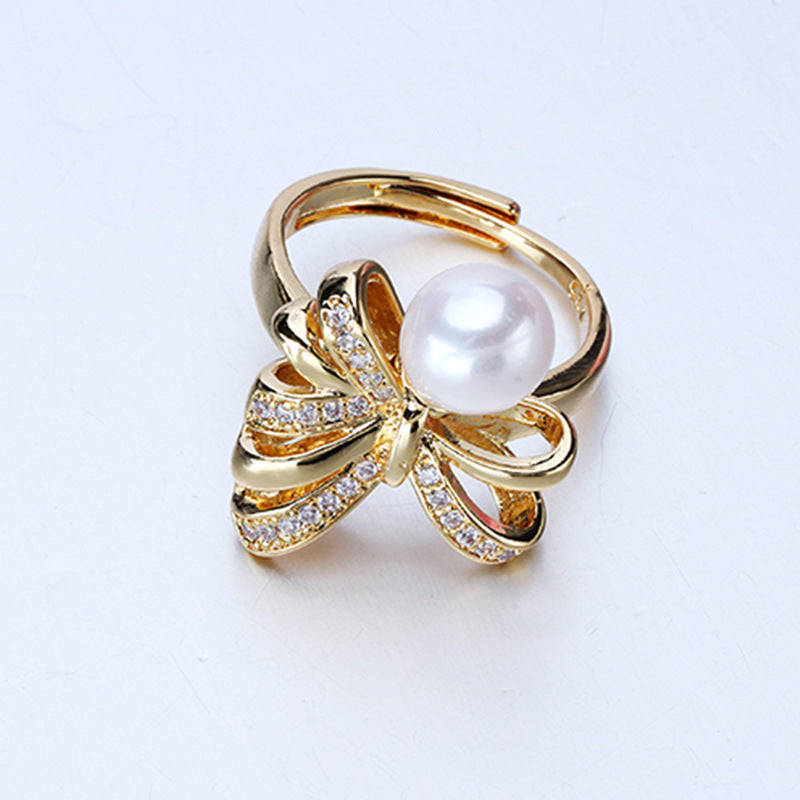 Dailan Jewelry Light Luxury Bowknot Freshwater Pearl Ring Female Opening Adjustable Rice-Shaped Pearl Ring Female Spot