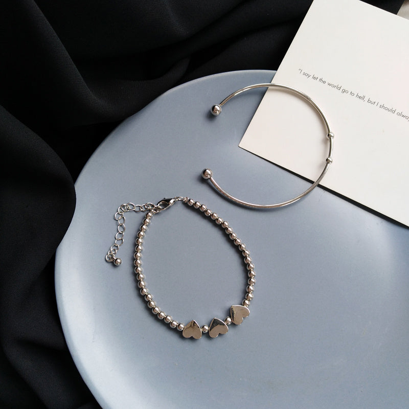 Two Piece Bracelet Set Metal Texture Beautiful Love Heart Shaped Cuff Design Alloy With Silver Or Gold Plating