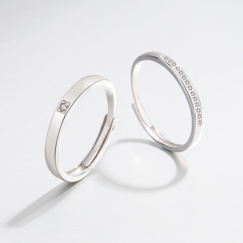 Sterling Silver Couple Rings Adjustable Wedding Bands Geometric Zircon Set For Women And Men For Couples Style