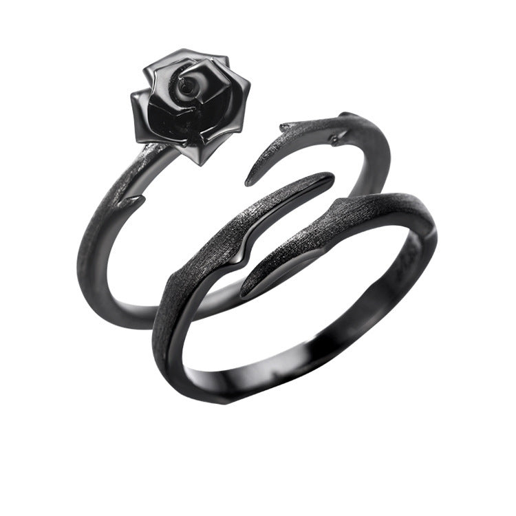 Sterling Silver Thorn And Rose Design Couple Rings Adjustable Opening Matching Promise Rings For Him And Her