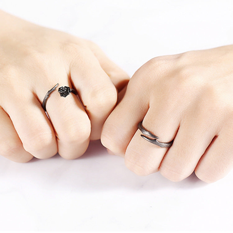 Sterling Silver Thorn And Rose Design Couple Rings Adjustable Opening Matching Promise Rings For Him And Her