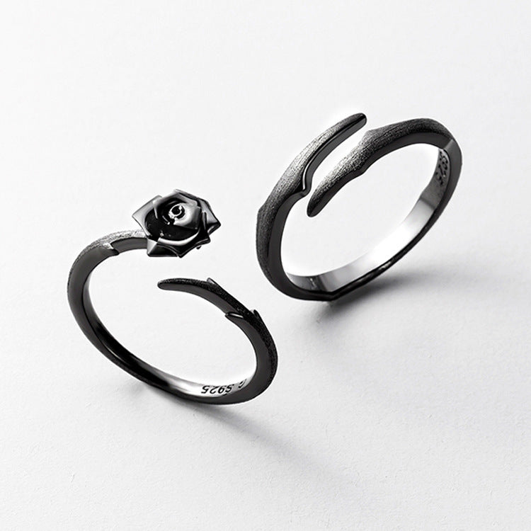 Sterling Silver Thorn And Rose Design Couple Rings Adjustable Opening Matching Promise Rings For Him And Her