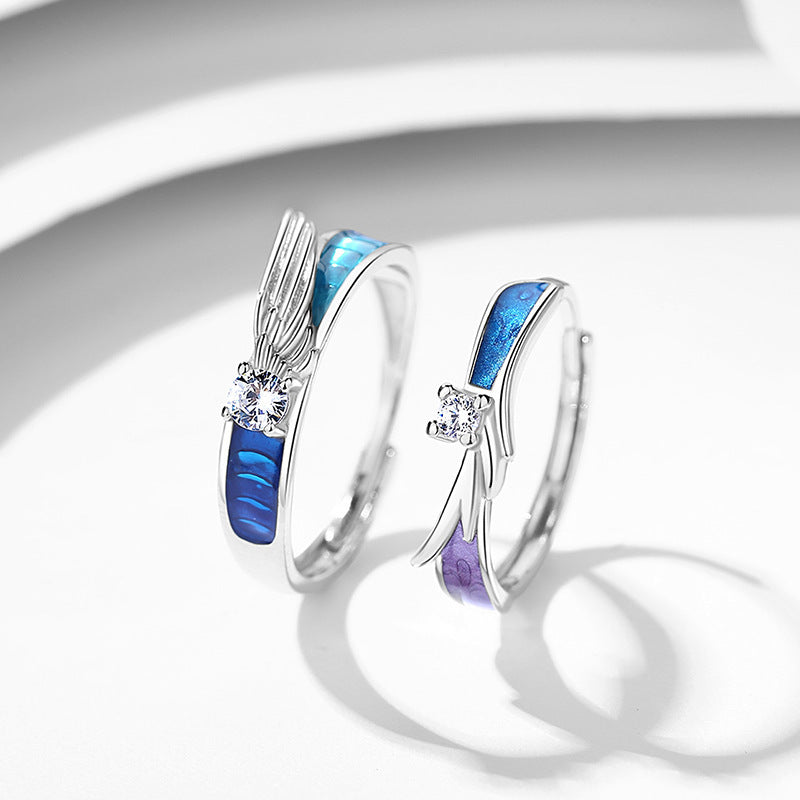 S925 Silver Angel And Devil Couple Rings Hand Polished Open Sizes Set Fresh Literary Design Inspired By Angels
