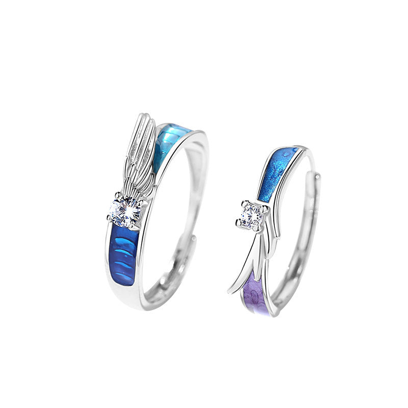 S925 Silver Angel And Devil Couple Rings Hand Polished Open Sizes Set Fresh Literary Design Inspired By Angels