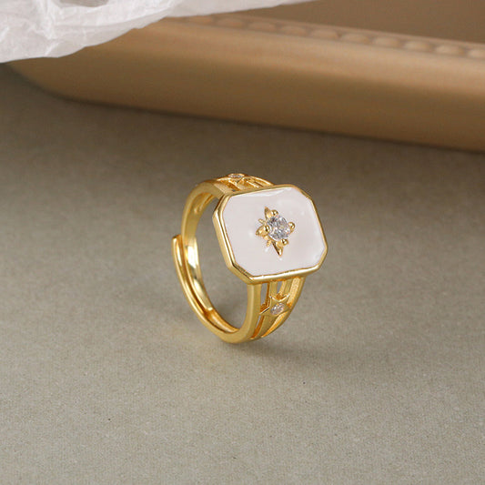 Sterling Silver 925 Adjustable Ring With Geometric Zircon Inlay Vintage Luxury For Women Electroplated Gold Tone Finish