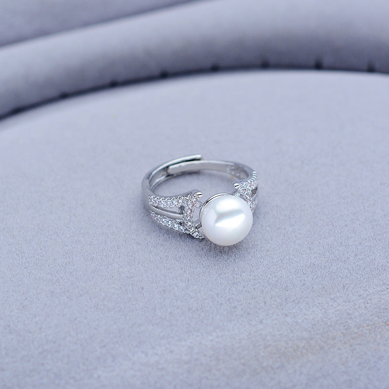 Womens 925 Silver Ring With Freshwater Pearl And Diamond Accent Adjustable Opening Thread Design Travel Gift White