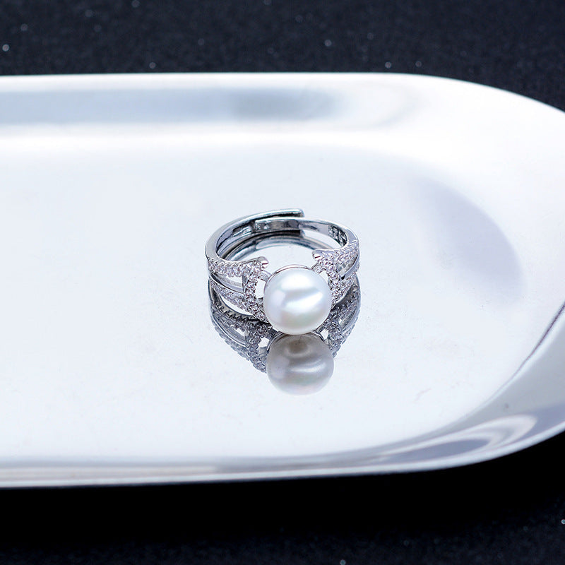 Womens 925 Silver Ring With Freshwater Pearl And Diamond Accent Adjustable Opening Thread Design Travel Gift White