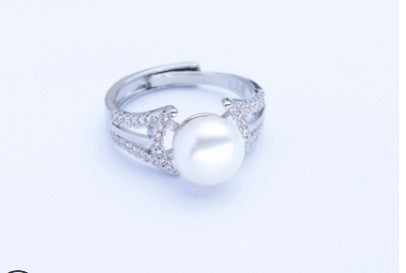 Womens 925 Silver Ring With Freshwater Pearl And Diamond Accent Adjustable Opening Thread Design Travel Gift White