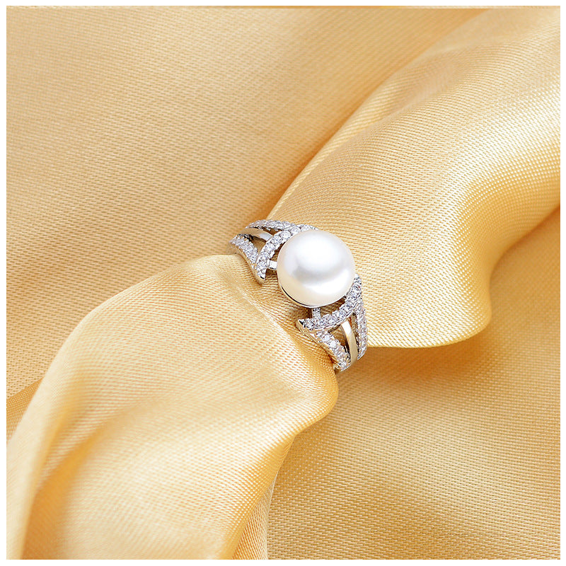 Womens 925 Silver Ring With Freshwater Pearl And Diamond Accent Adjustable Opening Thread Design Travel Gift White