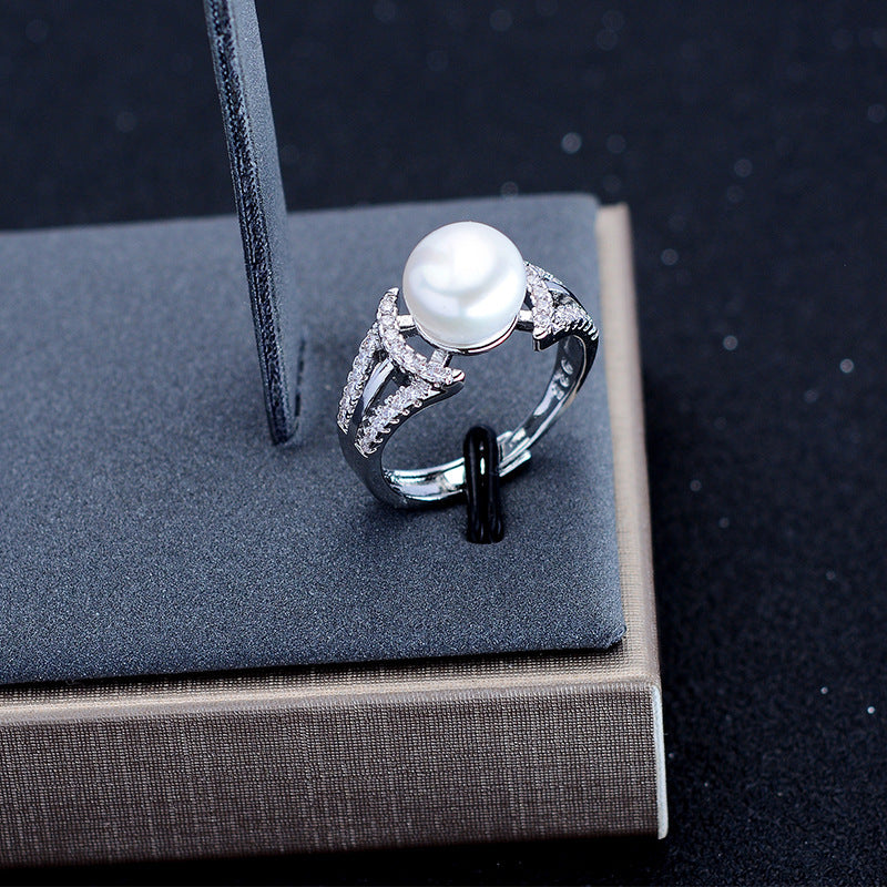 Womens 925 Silver Ring With Freshwater Pearl And Diamond Accent Adjustable Opening Thread Design Travel Gift White