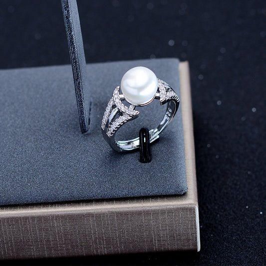 Womens 925 Silver Ring With Freshwater Pearl And Diamond Accent Adjustable Opening Thread Design Travel Gift White