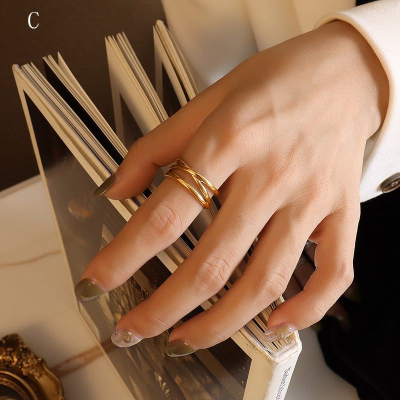 Womens Multilayer Titanium Steel Cross C Shaped Open Ring Geometric Electroplated Durable Fashion Jewelry Everyday Wear