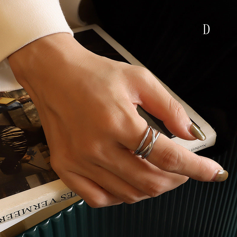 Womens Multilayer Titanium Steel Cross C Shaped Open Ring Geometric Electroplated Durable Fashion Jewelry Everyday Wear