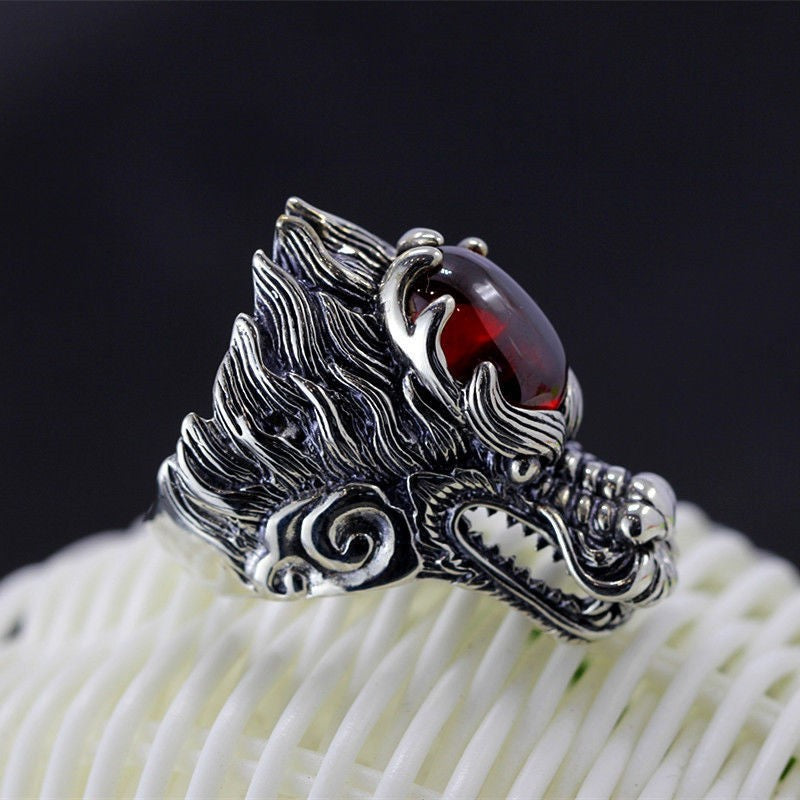 Men's Dragon Ring Trendy Student Ring Domineering Retro Hip Hop Ring and an Open Adjustable Design with Ruby Skull Red Demon Eyeball or Lotus Heart Sutra Accents