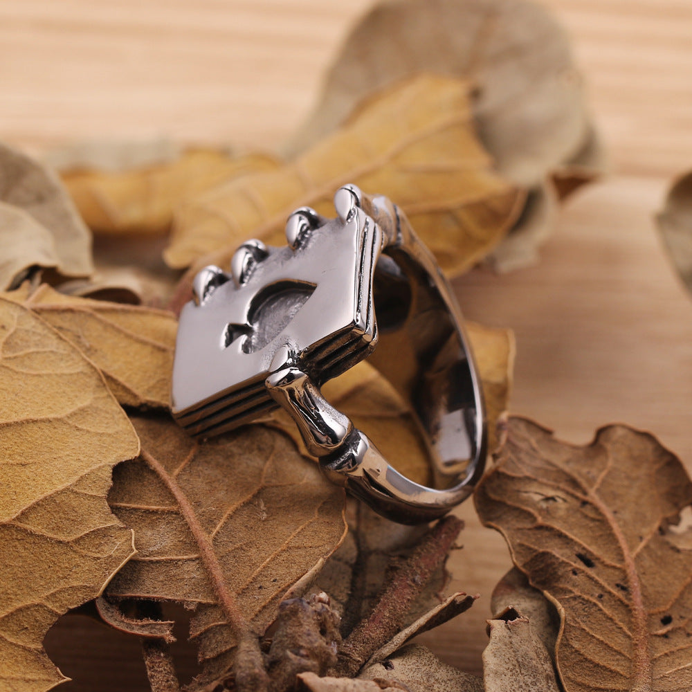 Mens Titanium Steel Ring Spades Poker Design Bold Statement Electroplated Silver Tone Durable Fashion Accessory