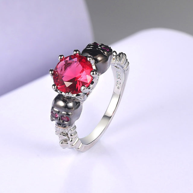 Vintage Skull Ring Black Gold Plated Copper Zircon Inlay