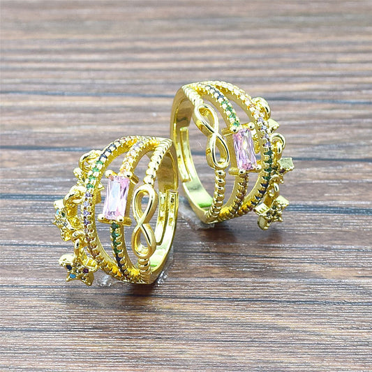 Copper Gold Plated Zircon Ring For Women Adjustable European American Style Fashion Jewelry Gift Micro Inlaid