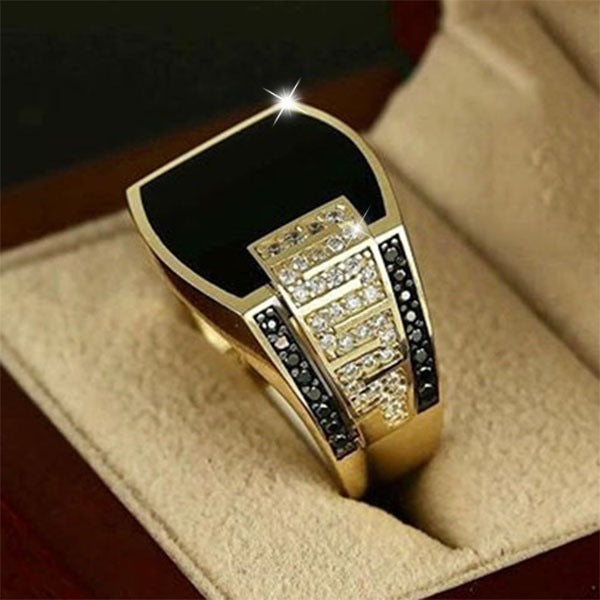 Mens Geometric Electroplated Diamond Ring Metal Hip Hop Style European American Design Statement Ring Goldtone