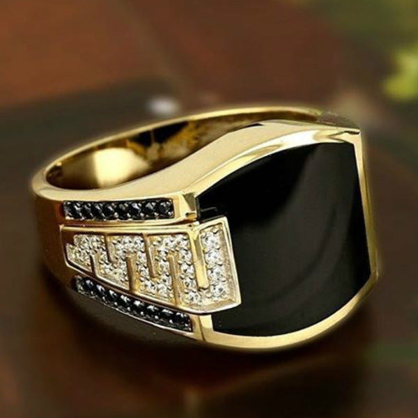 Mens Geometric Electroplated Diamond Ring Metal Hip Hop Style European American Design Statement Ring Goldtone