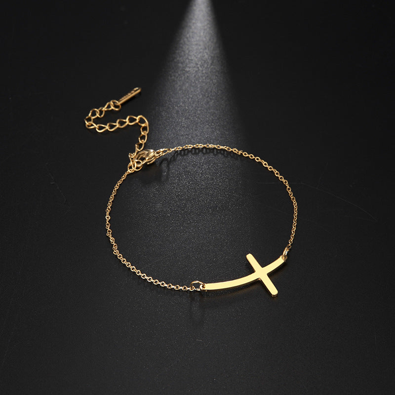 Womens Cross Pendant Bracelet Adjustable Stainless Steel Chain Minimalist Bend Design Jewelry Lightweight Gold