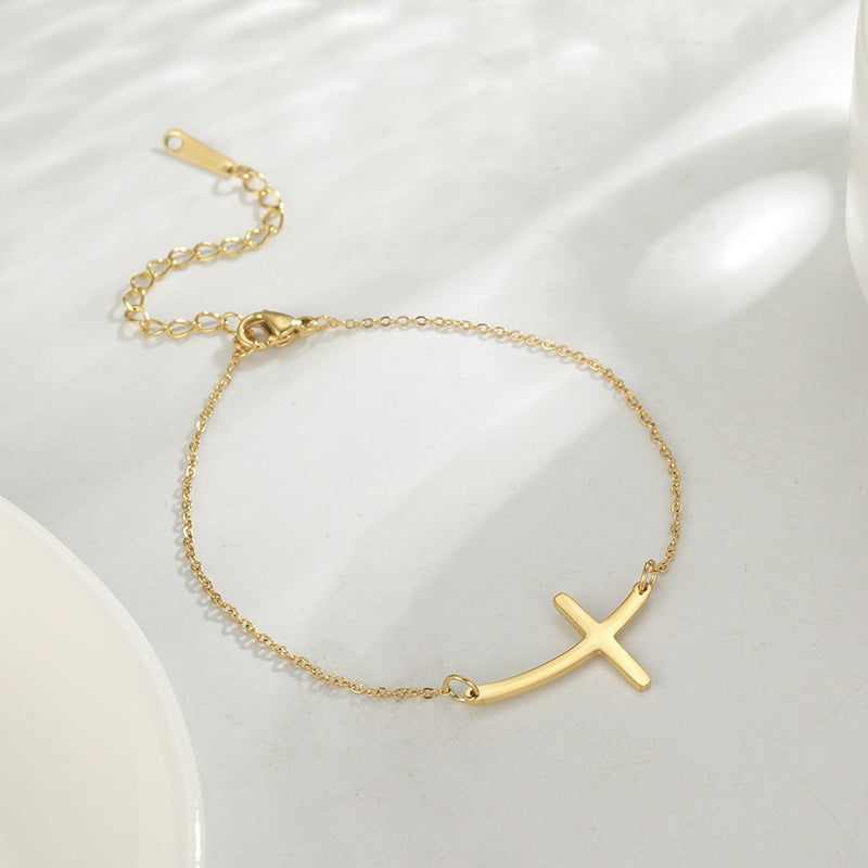 Womens Cross Pendant Bracelet Adjustable Stainless Steel Chain Minimalist Bend Design Jewelry Lightweight Gold