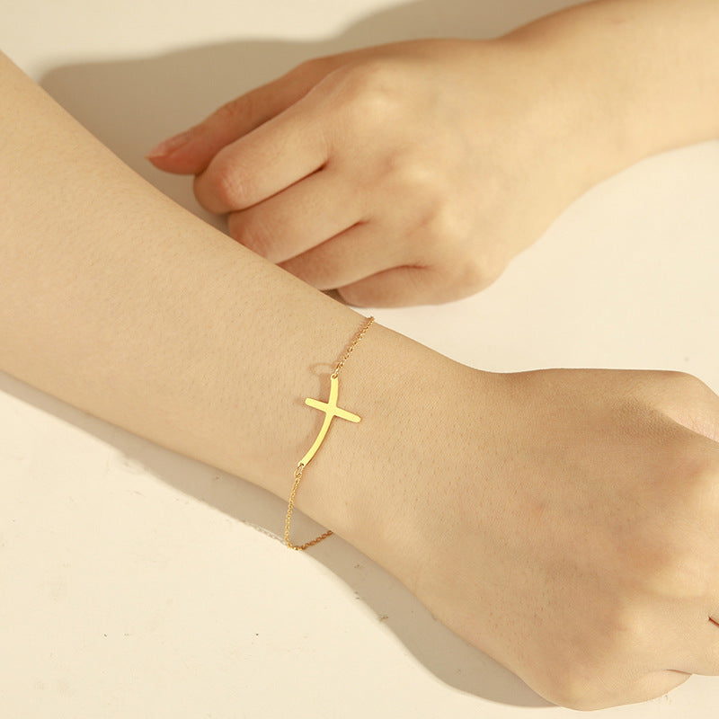Womens Cross Pendant Bracelet Adjustable Stainless Steel Chain Minimalist Bend Design Jewelry Lightweight Gold
