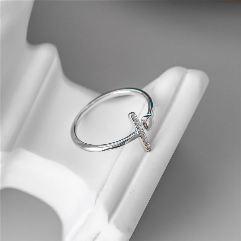 Sterling Silver S925 Diamond T Shaped Open Ring Polka Dot For Women Simple Modern Band Elegant Everyday Styles