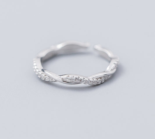 Sterling Silver Twisted Ring Korean Style Adjustable Opening Diamond Accent Temperament Twist IndexFinger Ring