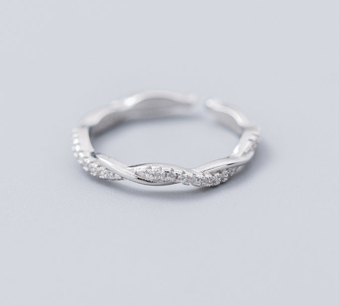 Sterling Silver Twisted Ring Korean Style Adjustable Opening Diamond Accent Temperament Twist IndexFinger Ring