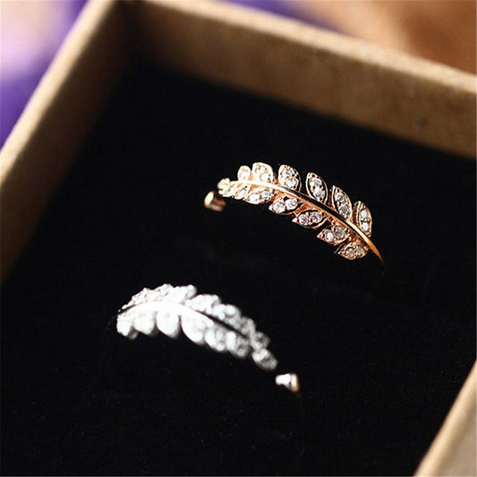 Leaf Ring For Women Copper Electroplated With White Gold Gem Inlay Tail Ring In Rose Gold Finish Korean Style Jewelry