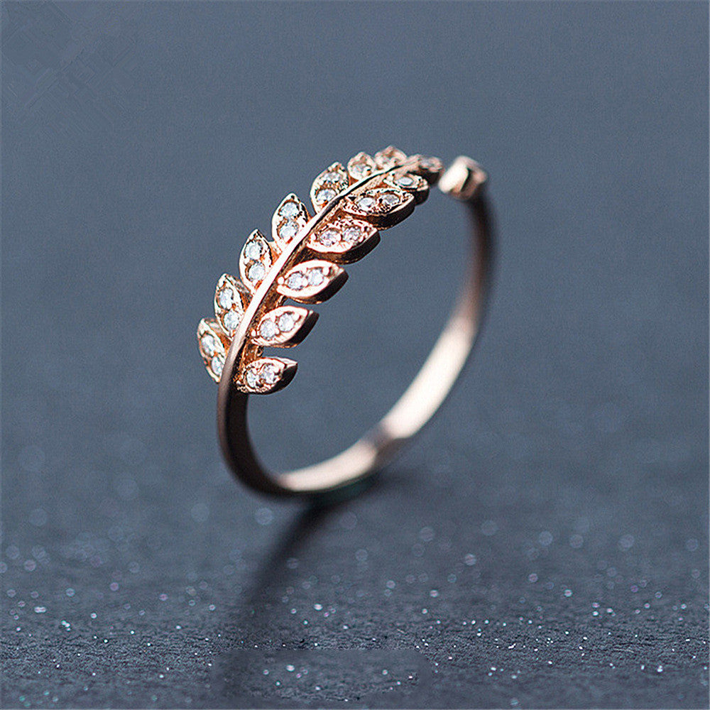 Leaf Ring For Women Copper Electroplated With White Gold Gem Inlay Tail Ring In Rose Gold Finish Korean Style Jewelry