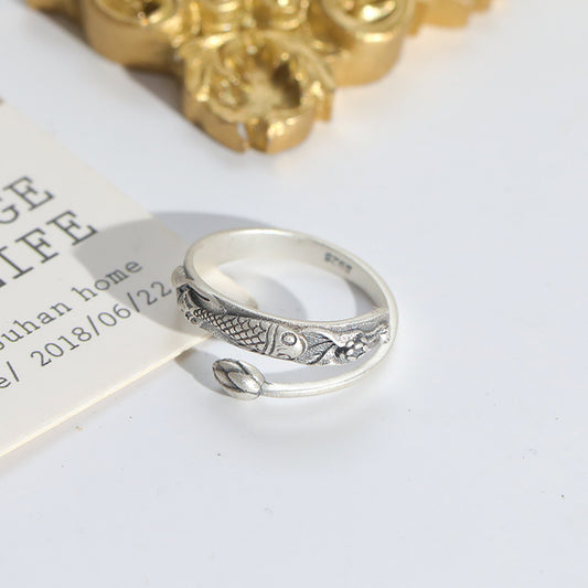 S925 Silver Ring With Lotus And Carp Design Ethnic Vintage Open Ring For Men And Women Handcrafted Silver Tone