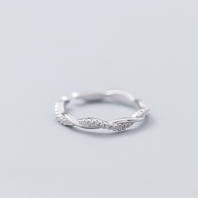 Sterling Silver Twisted Ring Korean Style Adjustable Opening Diamond Accent Temperament Twist IndexFinger Ring