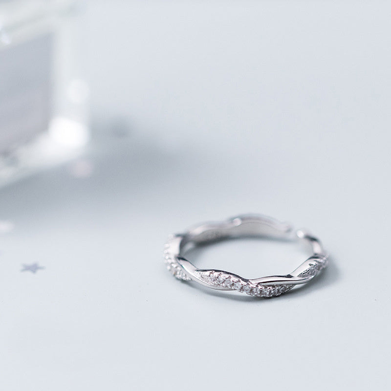 Sterling Silver Twisted Ring Korean Style Adjustable Opening Diamond Accent Temperament Twist IndexFinger Ring