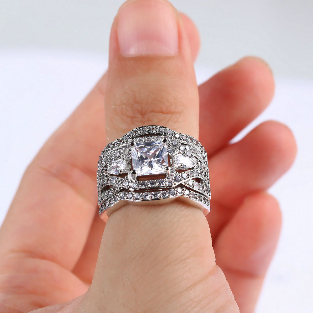 Womens Fashion Three Layer Ring With Square White Zircon Diamond Gold Plated Copper Inlaid European Ring Trend
