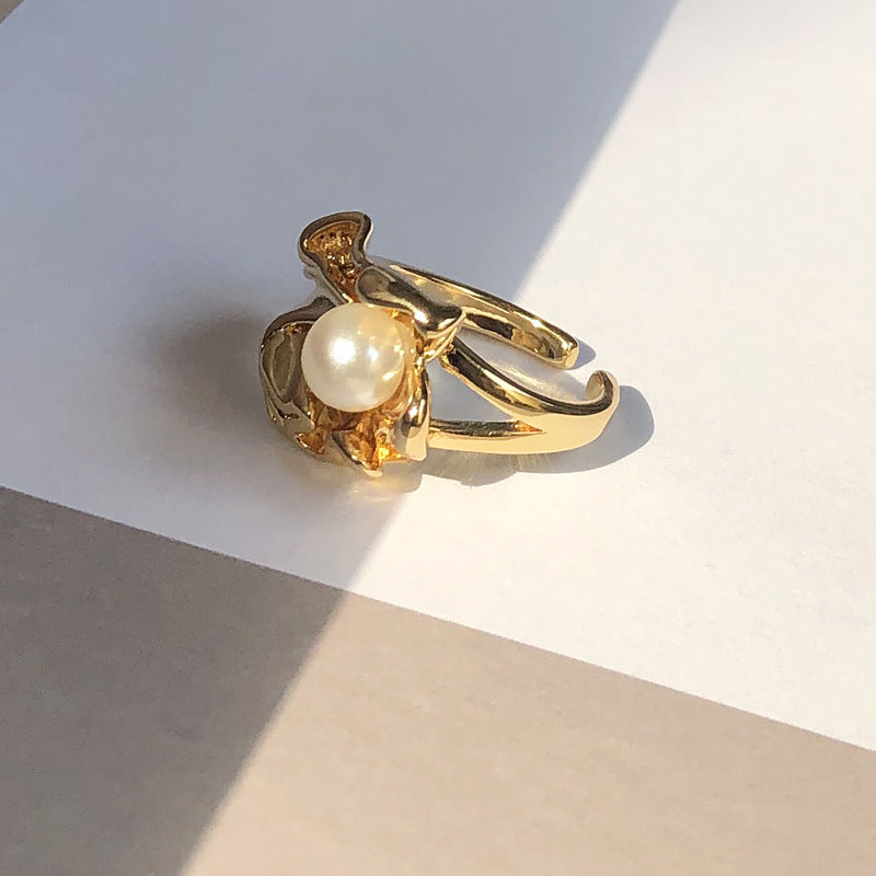 Pearl Petal Design Adjustable Metallic Ring For Women Fashion Jewelry Gift For Her Stylish Statement Accessory