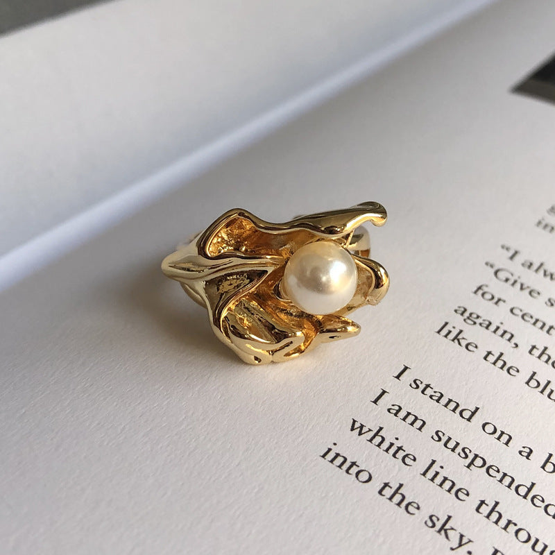 Pearl Petal Design Adjustable Metallic Ring For Women Fashion Jewelry Gift For Her Stylish Statement Accessory
