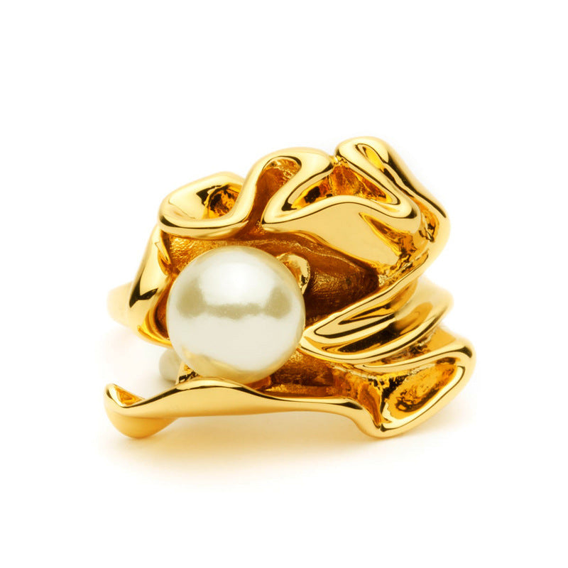 Pearl Petal Design Adjustable Metallic Ring For Women Fashion Jewelry Gift For Her Stylish Statement Accessory