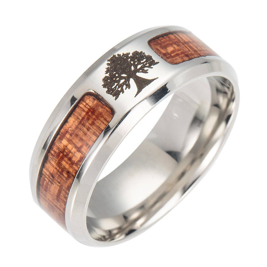 Unisex Stainless Steel Ring Wood Inlay Tree Of Life Cross Skull Freemason Design Half Circle Gift Travel Bonus