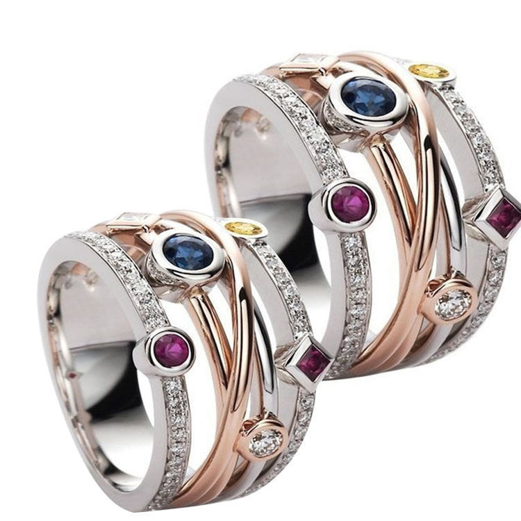 Unisex Geometric Ring Zircons Alloy Inlaid Artificial Gemstones Silver Rim Electroplated Finish Fashion Jewelry