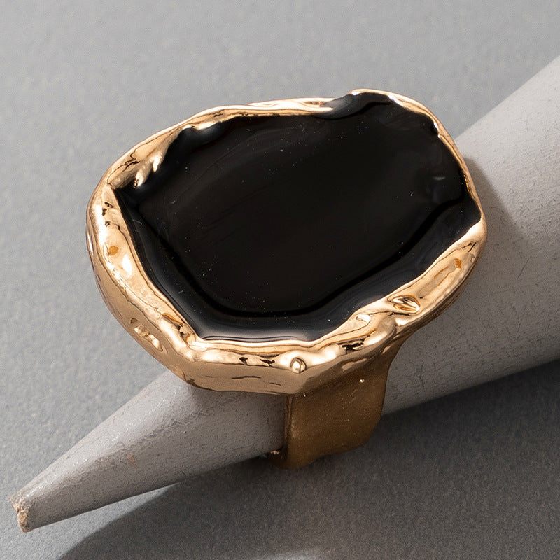 Womens Bohemian Black Stone Ring Gold Color Alloy Metal Geometric Joint Ring Fashion Jewelry Gift Idea for Her