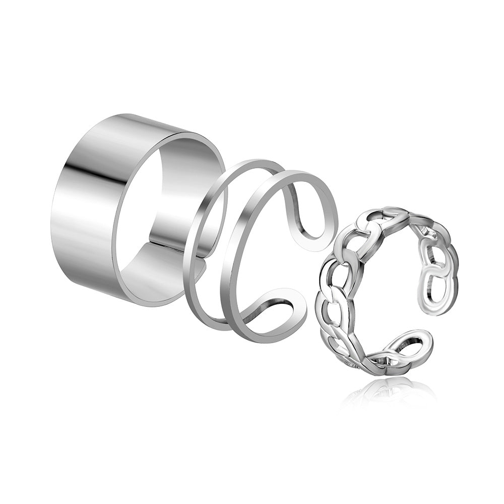 Womens Alloy Ring Set Of 3 Silver Metallic Adjustable Opening Index Finger Rings Japanese Korean Fashion Style