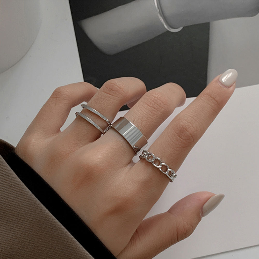 Womens Alloy Ring Set Of 3 Silver Metallic Adjustable Opening Index Finger Rings Japanese Korean Fashion Style