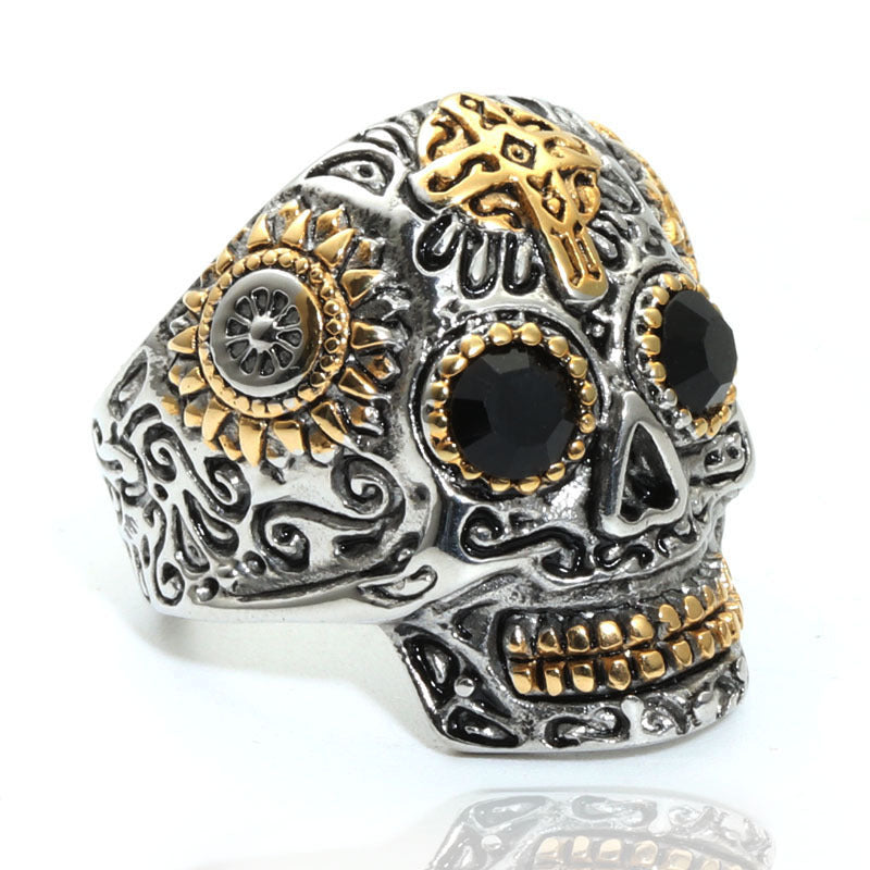 Mens Carved Skull Ring Vintage Titanium Steel Ghost Head Green Eye Gold Plated Polished Durable Jewelry Accessories
