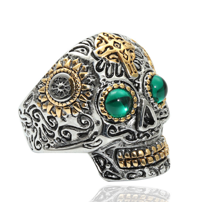 Mens Carved Skull Ring Vintage Titanium Steel Ghost Head Green Eye Gold Plated Polished Durable Jewelry Accessories