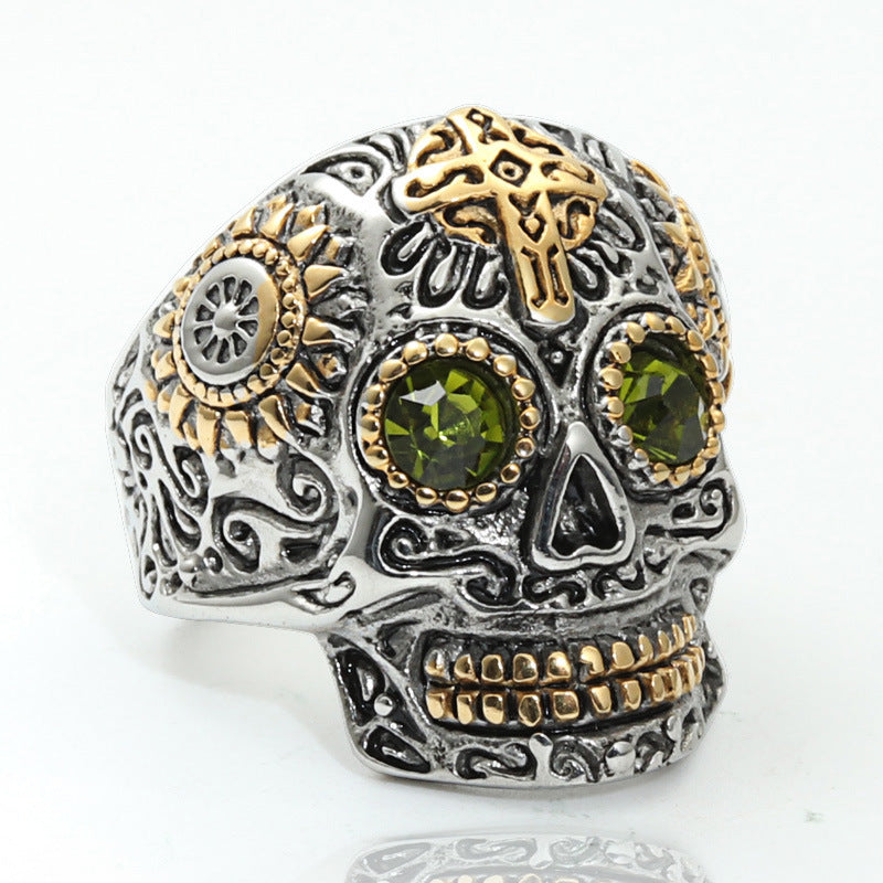 Mens Carved Skull Ring Vintage Titanium Steel Ghost Head Green Eye Gold Plated Polished Durable Jewelry Accessories